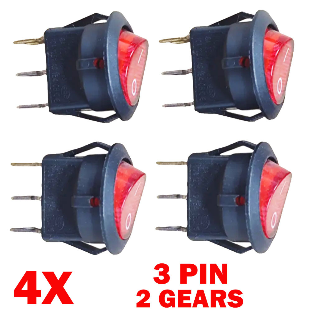 4PCS For SPST 3 Pin ON/OFF Round Rocker Switch With Red Neon Lamp 10A/125VAC