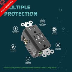 TOPELER Black USB Wall Outlet, 6.0Amp Electrical Socket with 15 Amp,