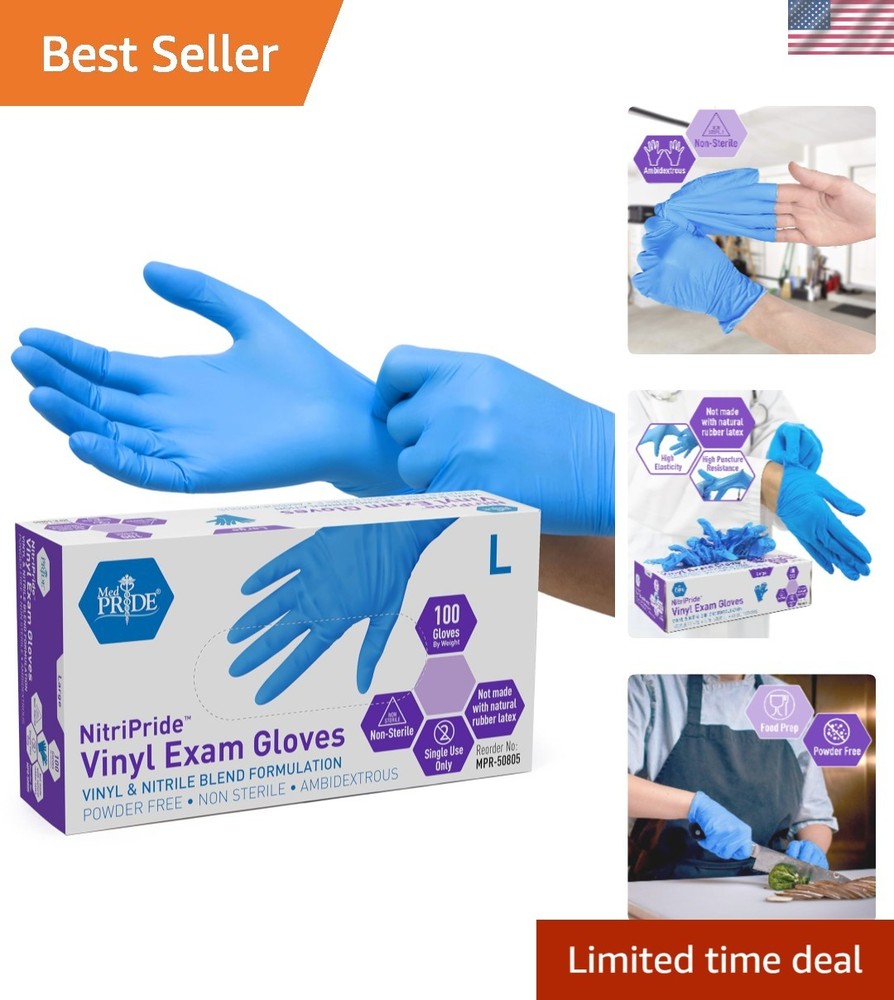 Food Grade, Latex-Free Exam Gloves – Comfortable Blue Nitrile/Vinyl, 100 Pack