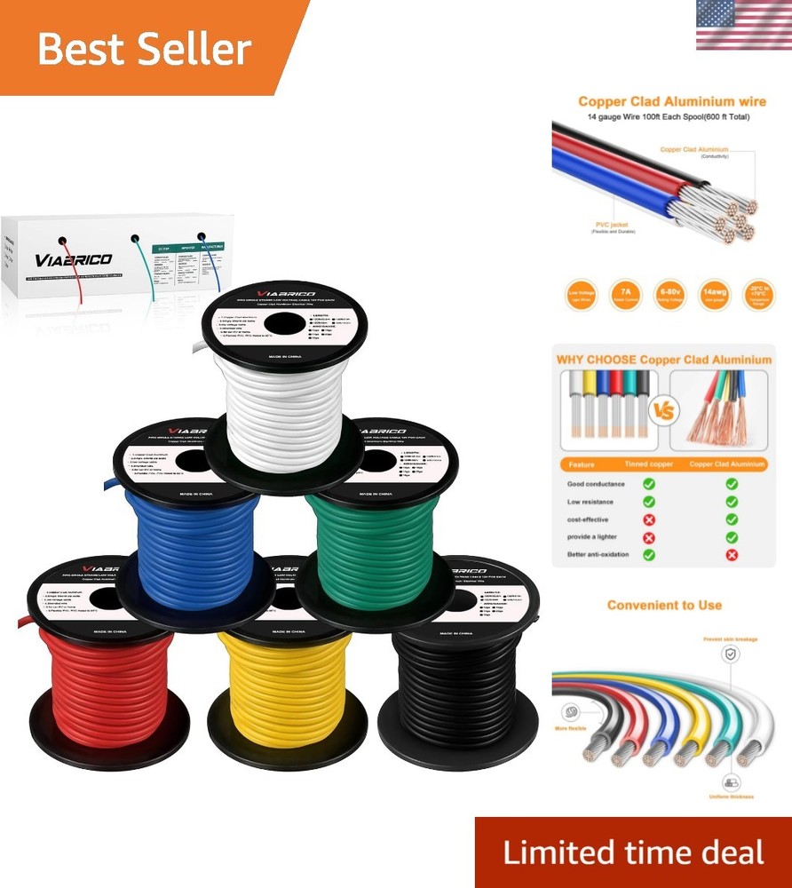 14 Gauge Wire 600FT, 14 AWG Auto 100ft Each Spool, 6 Colors Copper Clad Alumi…