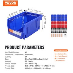 VEVOR Hanging Stackable Storage Bin Plastic Organizer Garage Box 24 PCS Blue/Red