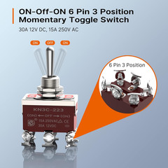 Joinfworld Momentary Toggle Switch 12V DC 3 Way 30 Amp DPDT 6 Pin (On)-Off-(On)