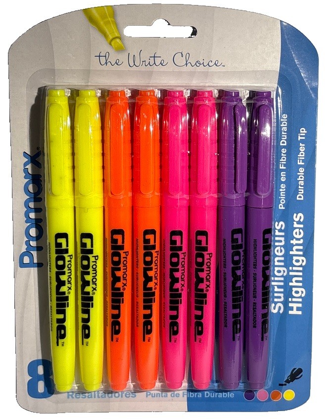 Promarx Glowline 1pk 8pcs MultiColor Durable Fiber Tip Highlighters-NEW-SHIP24HR