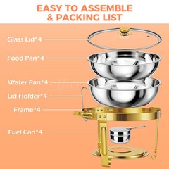 4 PCS 9Qt Round Chafing Dish Buffet Set 316 Stainless Steel Gold W/Glass Lids