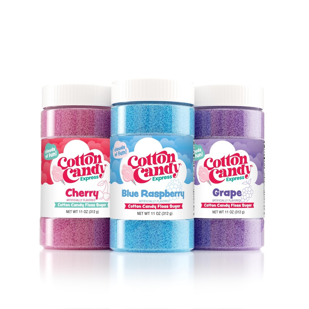 Floss Sugar Variety Pack with 3 – 11oz Plastic Jars of Cherry, Blue Raspberry…