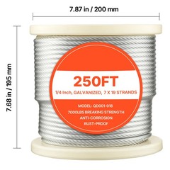 Uimoso Galvanized Carbon Steel Wire Rope 1/4 in 7×19, 250 ft Cable for Railing
