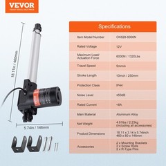 VEVOR Linear Actuator 12V 10In Heavy Duty 1320lbs/6000N 0.19″/s IP44 Protection