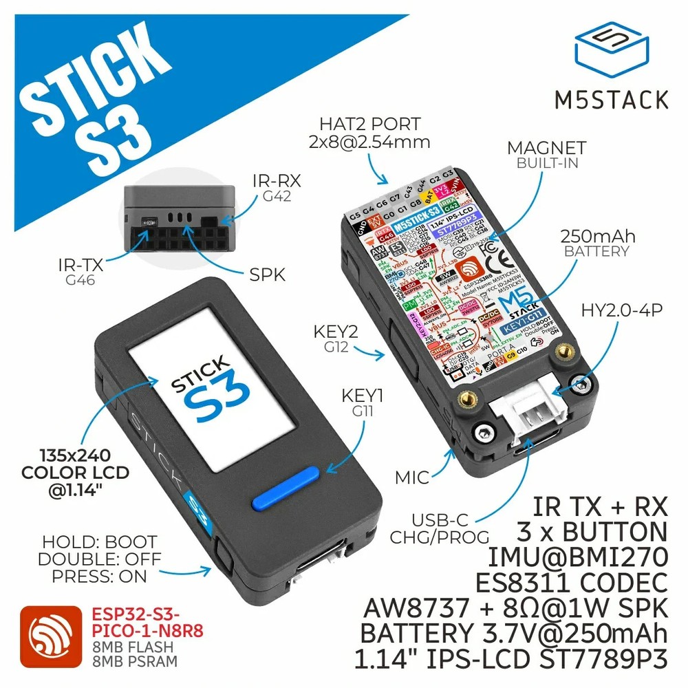 M5Stack Stick S3 for remote control and IoT apps powered by the ESP32-S3-PICO