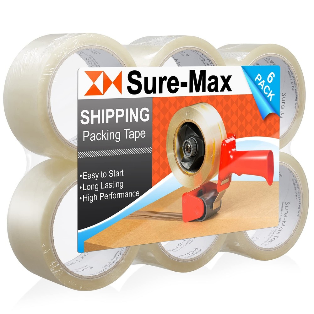 Sure-Max Premium Carton Packing Tape 2.0 mil 165 Feet (55 Yards) – Clear – 6 …