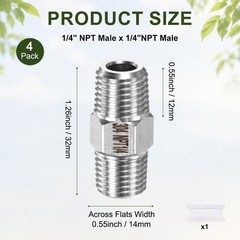 4-Pack 304 Stainless Steel 1/4″ NPT Male x 1/4″ NPT Male Hex Nipple Pipe Fitting