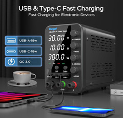 Fuente de alimentación DC 30V 10A con ajuste fino y carga rápida USB y Type-C. N