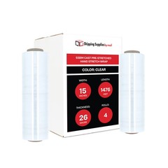 4 Rolls 26 Gauge Eco-Friendly Pre-Stretch Hand Shrink Wrap 15″ x 1476′ – Clear