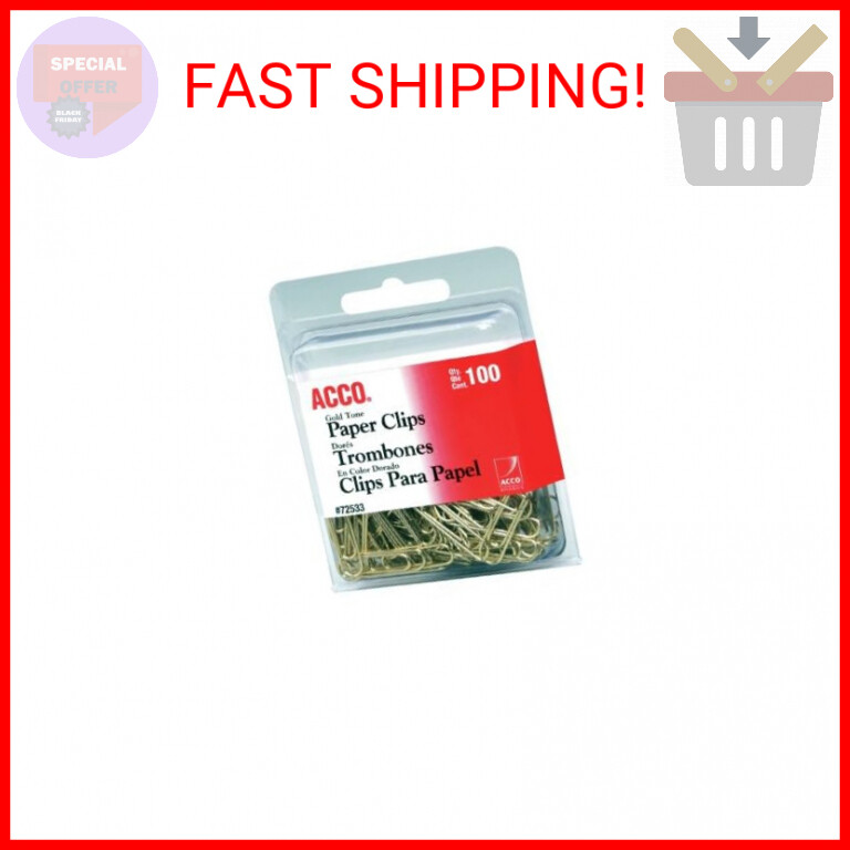 ACCO Brands Paper Clips, Regluar, # 2 Size, Smooth, Gold, 100 Clips/Box (72533)