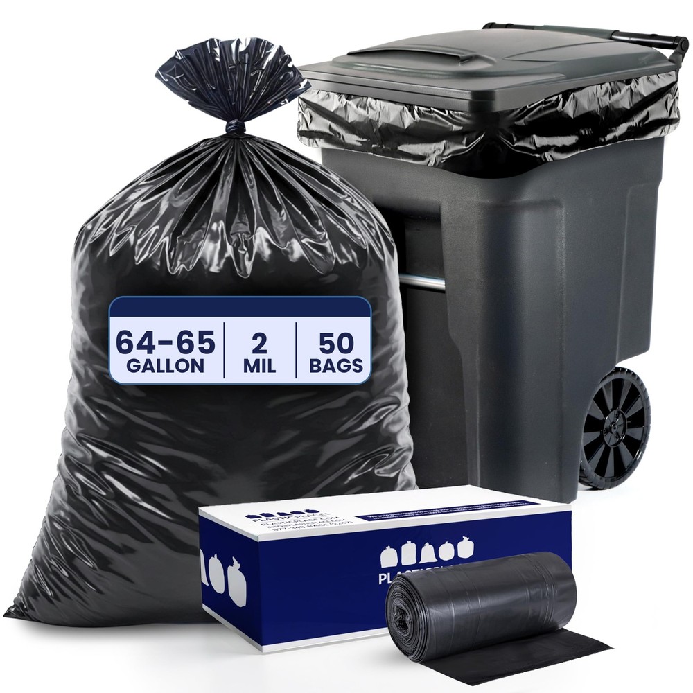 Plasticplace 64-65 Gallon Trash Can Liners for 50 Count (Pack of 1), Black