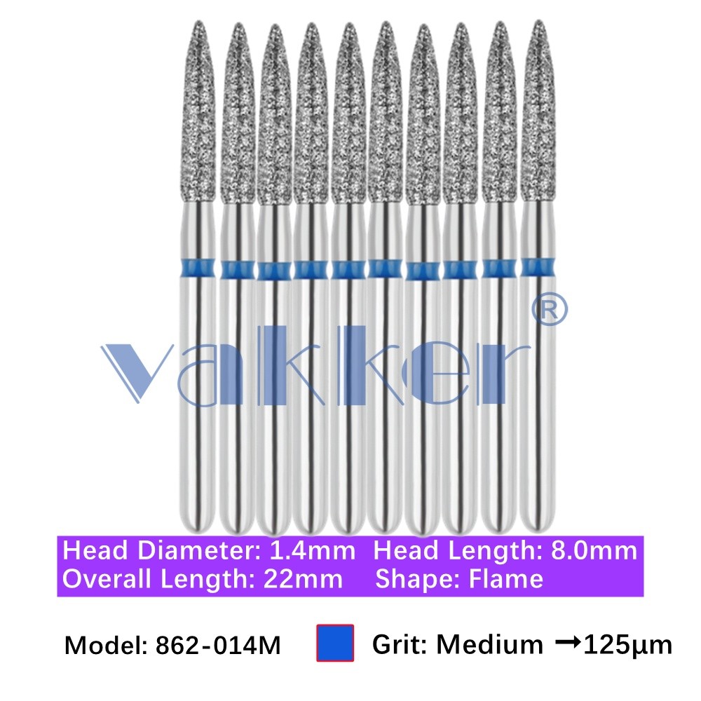 10/Pk Dental Flame Diamond Burs FG 862-014M Medium Grit High Speed Handpiece