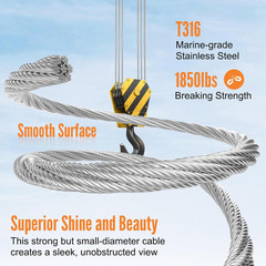 600FT 1/8″ Stainless Steel Cable with Cutter, T316 Marine Grade, Stainless Steel
