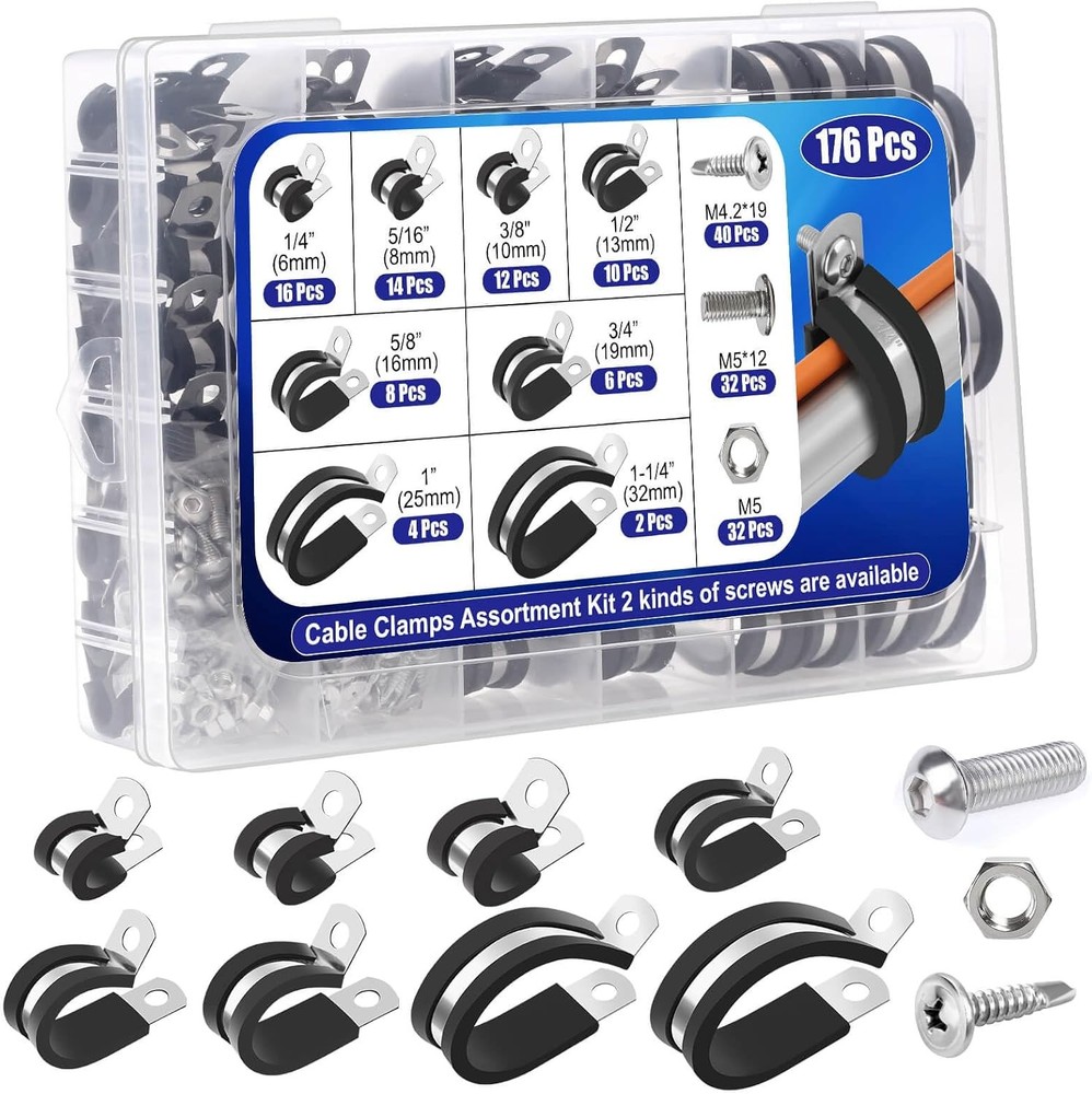 176Pcs Cable Clamps Set with 72Pcs Screws, 8 Sizes Rubber Insulated Pipe Clamp