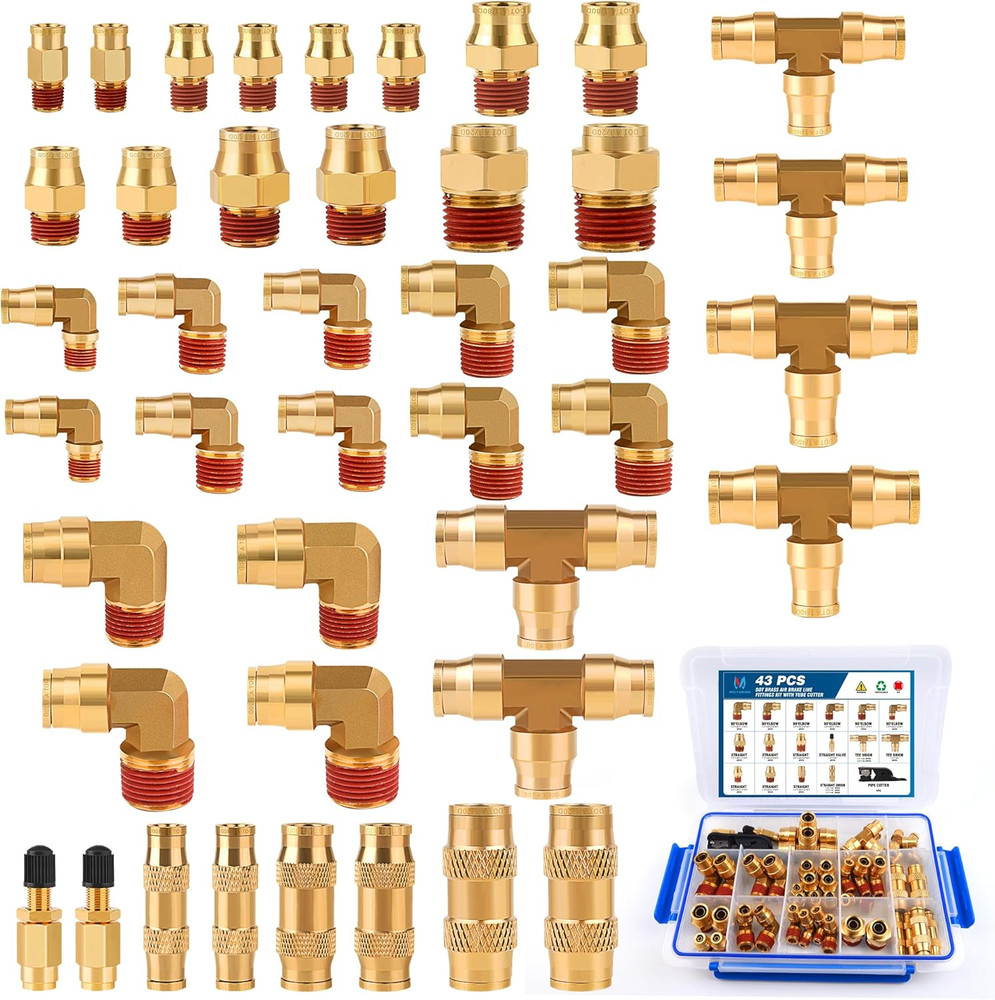43 PCS Brass DOT Air Line Fittings Kit for Semi Truck Trailer Brake System, USA