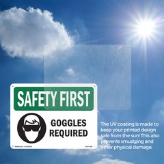 Goggles Required With Symbol OSHA SAFETY FIRST Sign Metal, Decal – 5 or 10 Pack