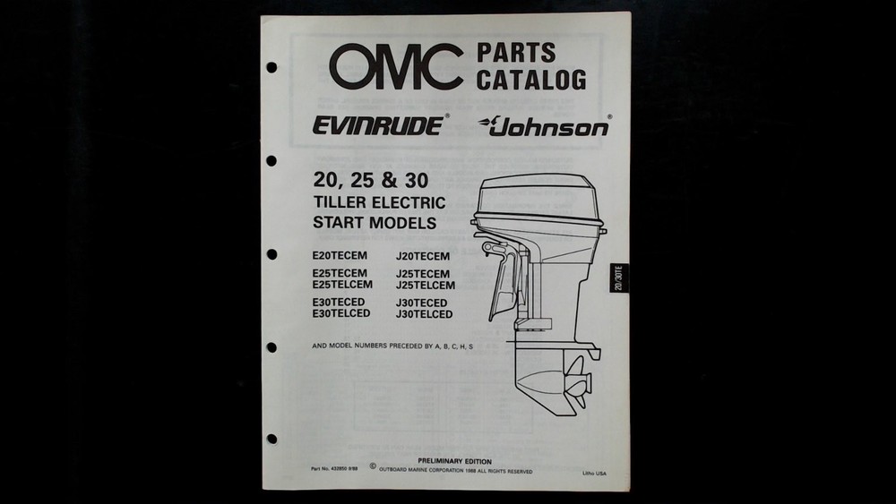 OMC Evinrude Johnson Parts Catalog 20 25 30 Tiller Electric Start 1988