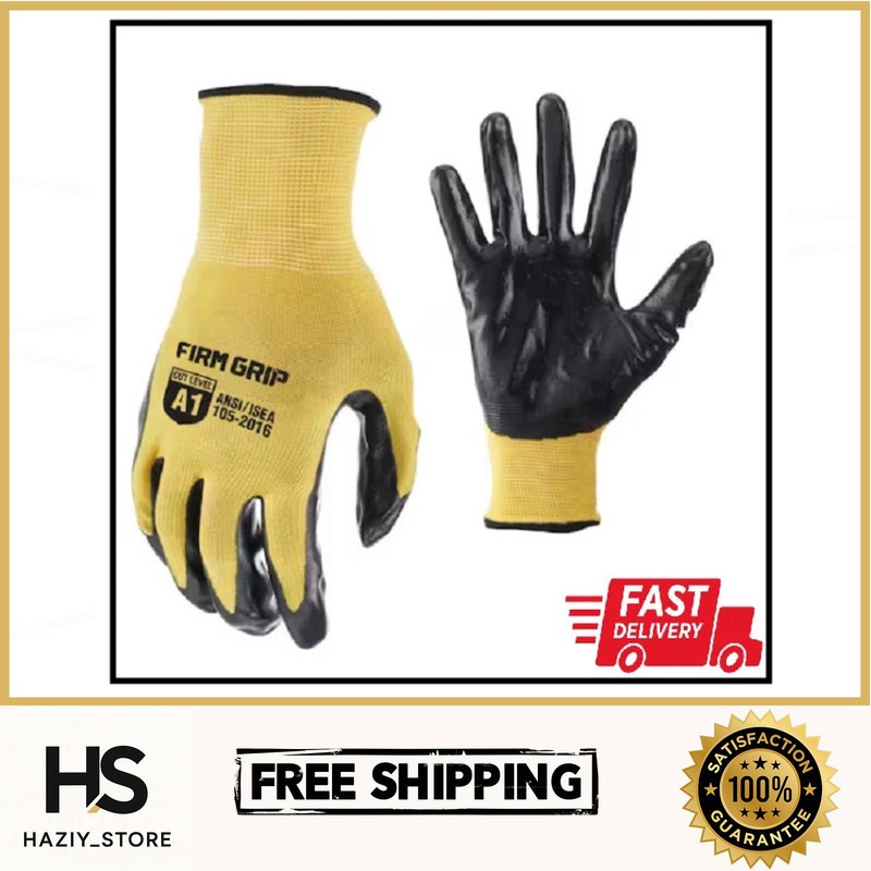 FIRM GRIP Work Gloves Men’s Large Nitrile Coated Machine Washable Yellow 10 Pack