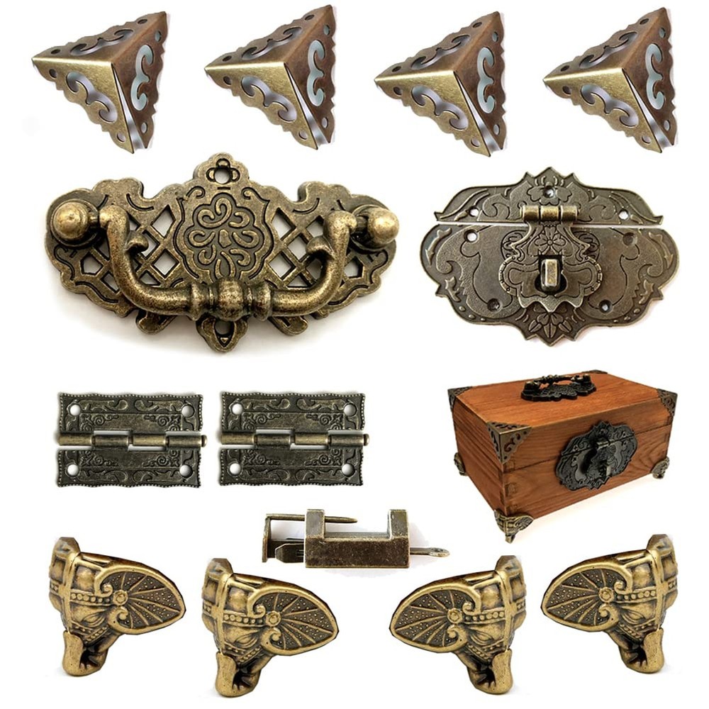 Jewelry Box Antique Lock Latch Hasp Hinges Handle Box Corner Protectors Kit f…