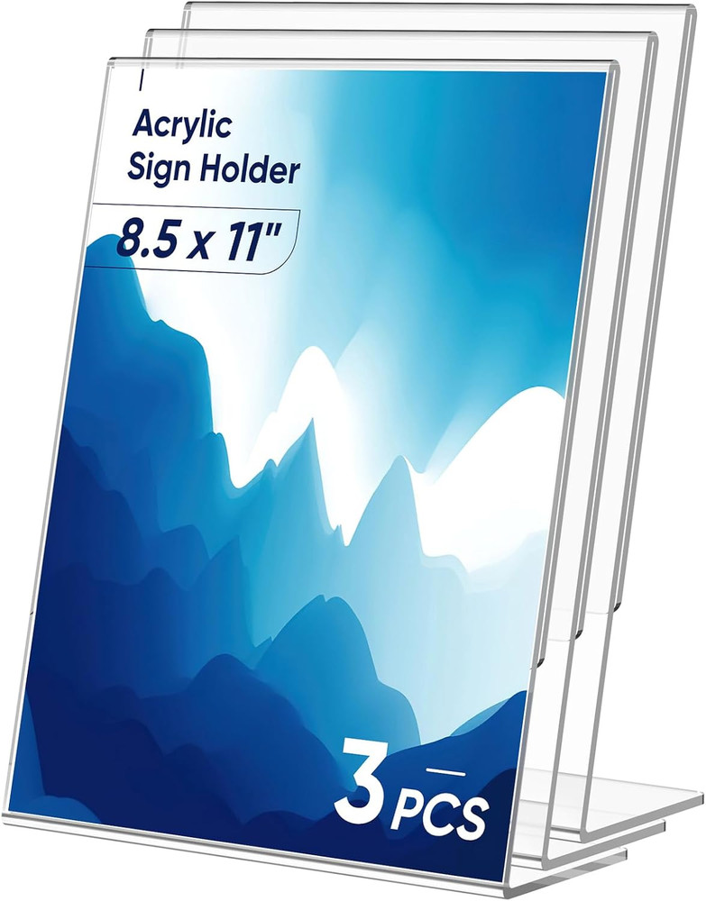 3 Pack Acrylic Sign Holder 8.5×11 Inches, Clear Display Holder, L-Shape Vertical