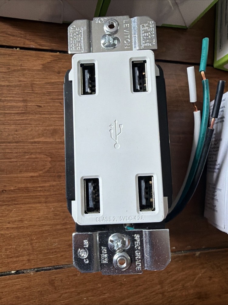 Leviton White 4 Port USB 4.2 Amp Wall Charger Duplex Receptacle Outlet