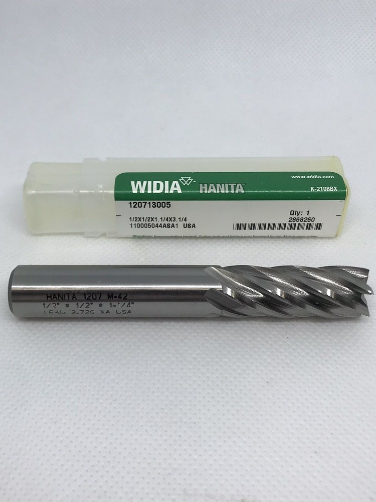 WIDIA HANITA 2868260 M42 COBALT 1/2×1/2×1-1/4×3-1/4 6F END MILL. FREE SHIPPING.