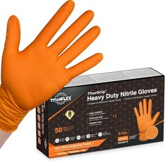 Heavy Duty Orange Industrial Nitrile Gloves with Raised Diamond Texture, Late…