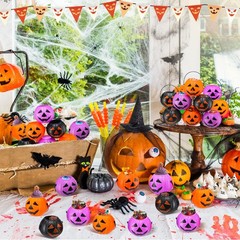 Lallisa 50 Halloween Mini Pumpkin 2.4 x inches, Orange, Black, Purple