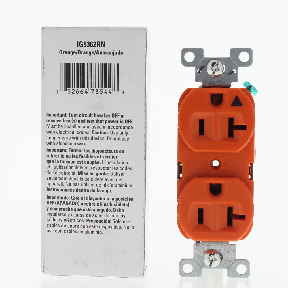 Eaton Orange Isolated Ground Heavy Duty Receptacle Outlet 20A 125V IG5362RN