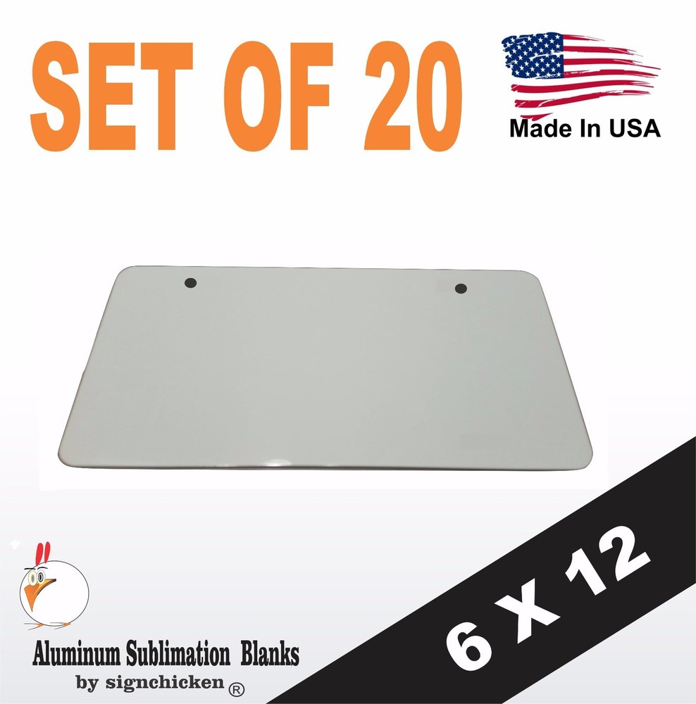 20 pcs, ALUMINUM LICENSE PLATE SUBLIMATION BLANKS 6″x 12″, 2 MOUNTING HOLES