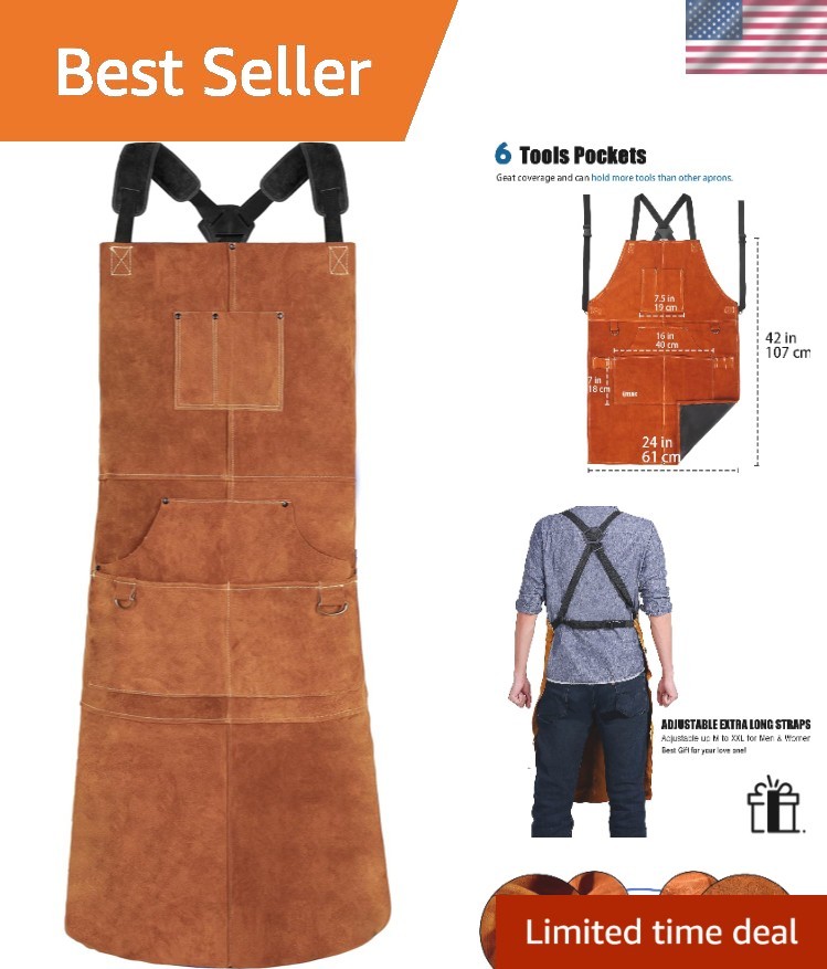 Leather Welding Apron 24”x42” – Adjustable, Flame Resistant, 6 Pockets