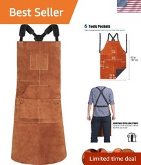 Leather Welding Apron 24”x42” – Adjustable, Flame Resistant, 6 Pockets