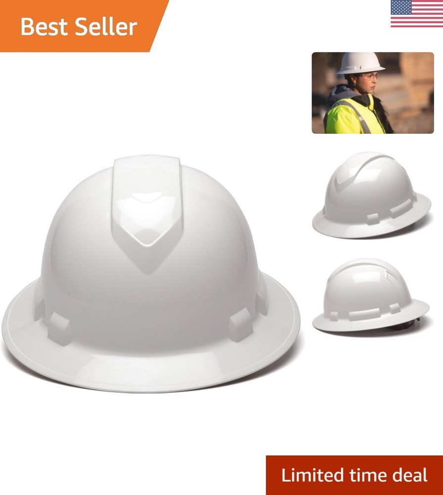 Pyramex Full Brim Safety Helmet – White 4-Point Ratchet, Replaceable Sweatband