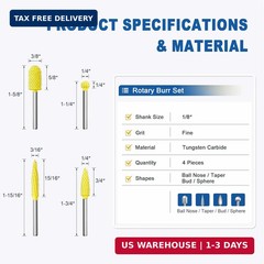 4-Piece Rotary Burr Set, Fine Grit Tungsten Carbide Rotary Burrs, 1/8″ Shank for