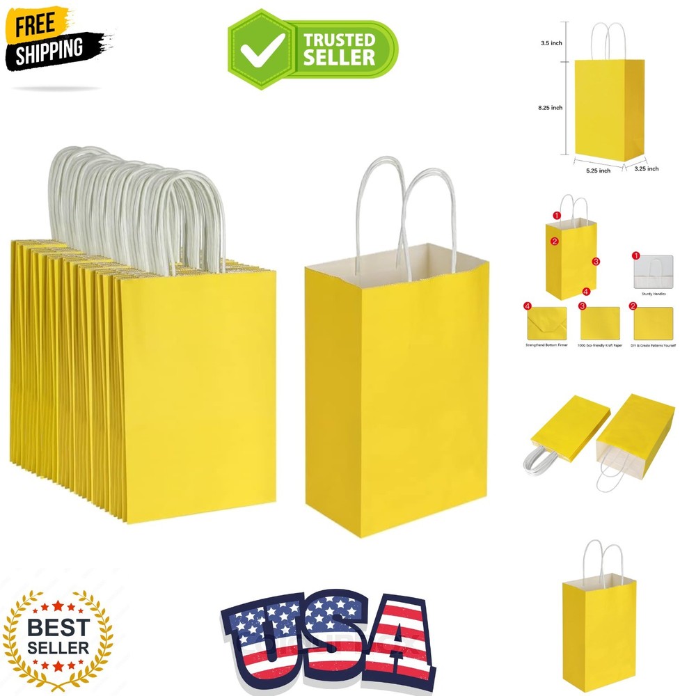 100 Pack 5.25×3.25×8.25 Inch Small Yellow Kraft Paper Bags with Handles Bulk …