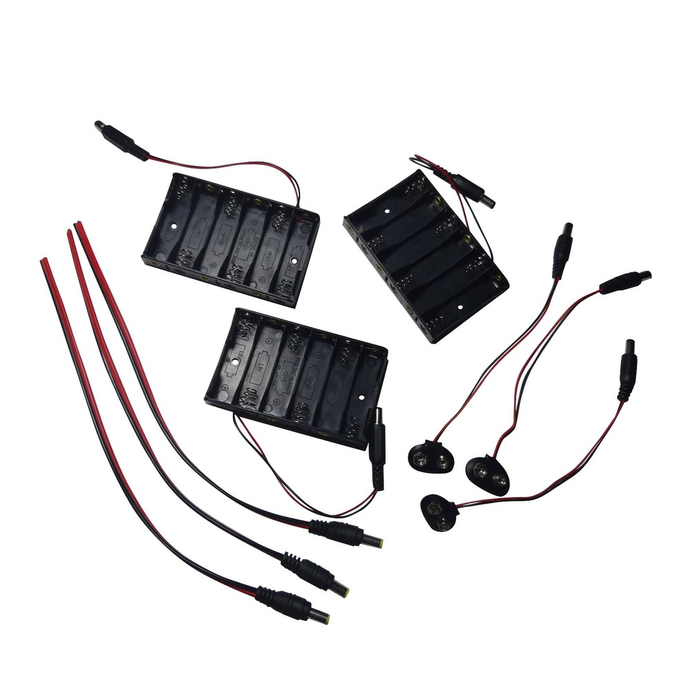 DC Barrel Plug Pigtails + AA Battery Holders + 9V Battery Adapters for Arduino