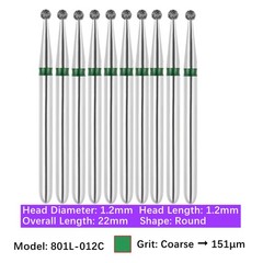 10pc Dental 801L-012C Coarse Grit FG Diamond Burs Friction Grip Round Shape