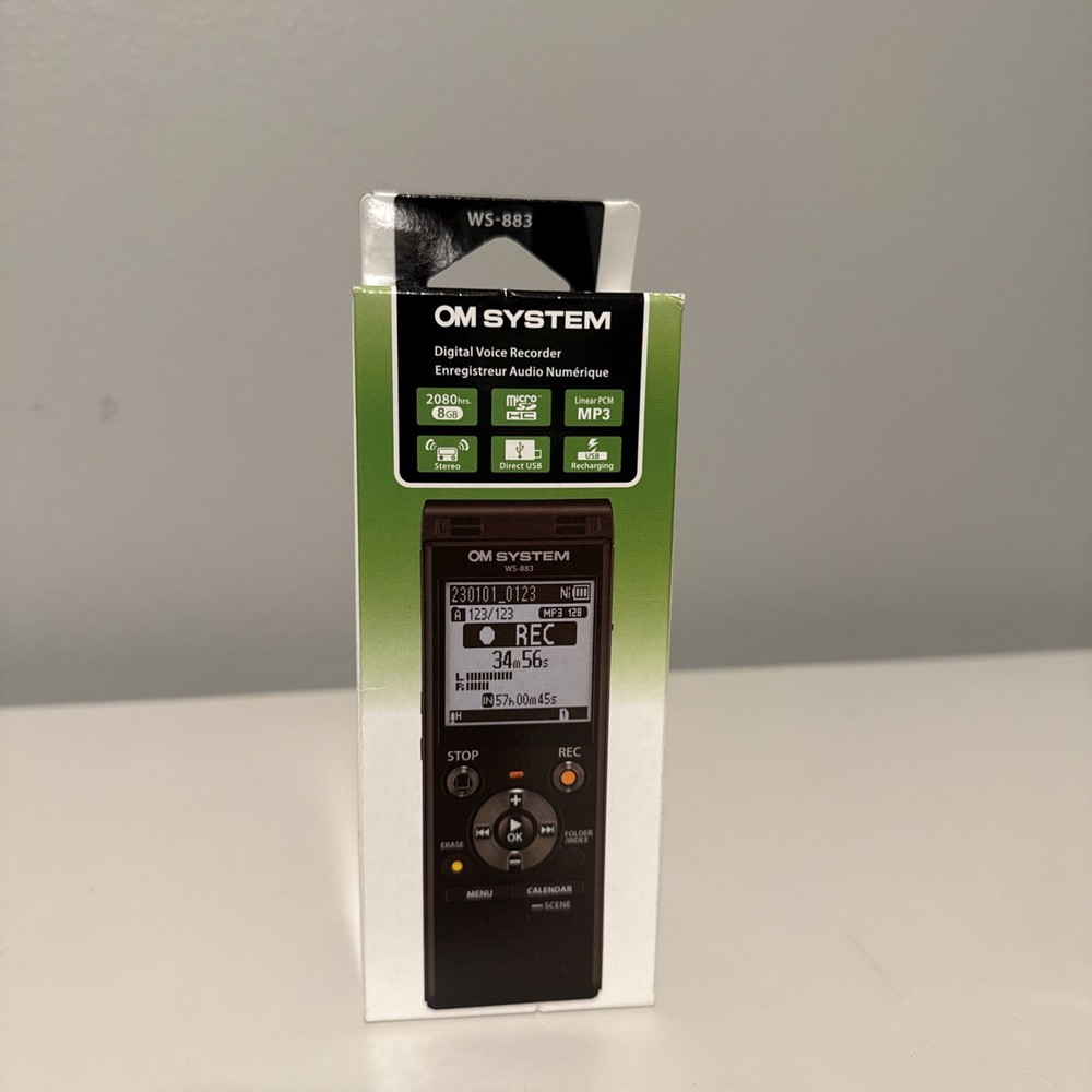 OM SYSTEM WS-883 8GB Digital Stereo Voice Recorder with USB Charging, Black