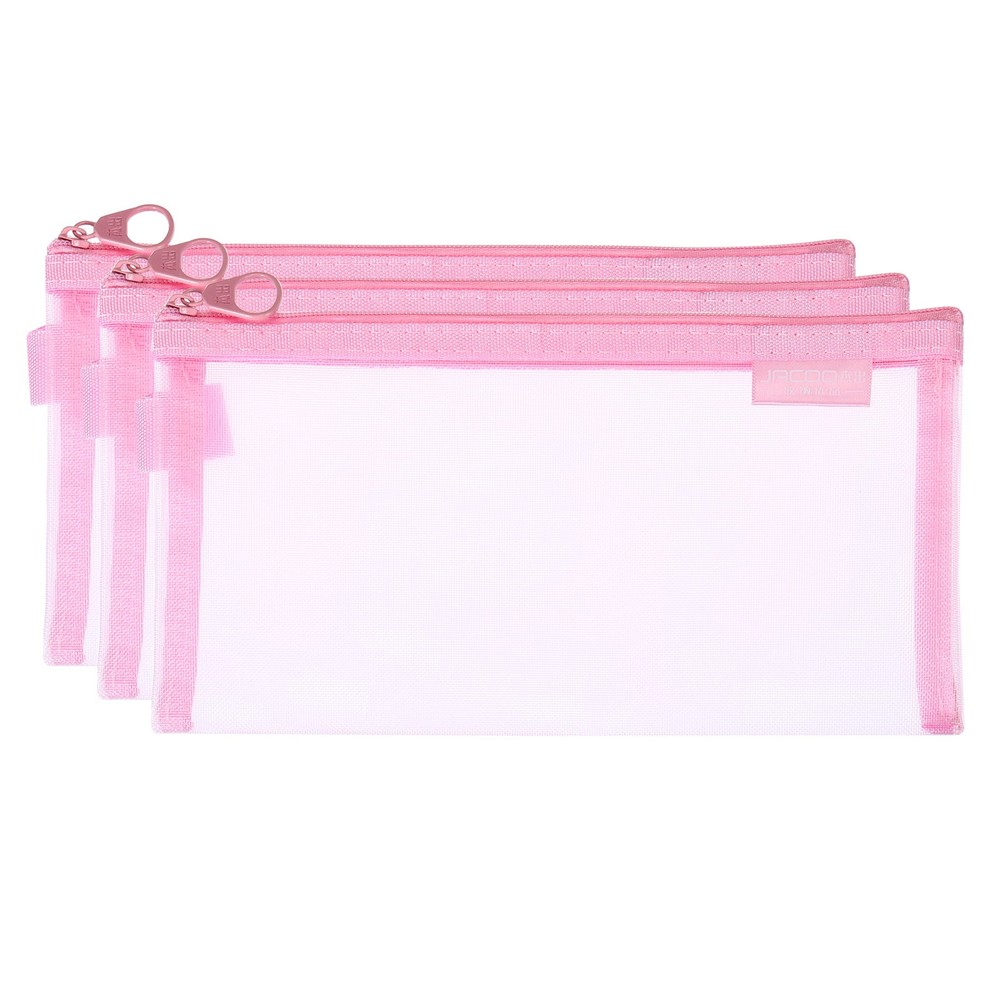 3pcs Mesh Cosmetic Bags, A6 case Nylon Makeup Zipper Mesh Bag, Pink