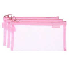 3pcs Mesh Cosmetic Bags, A6 case Nylon Makeup Zipper Mesh Bag, Pink