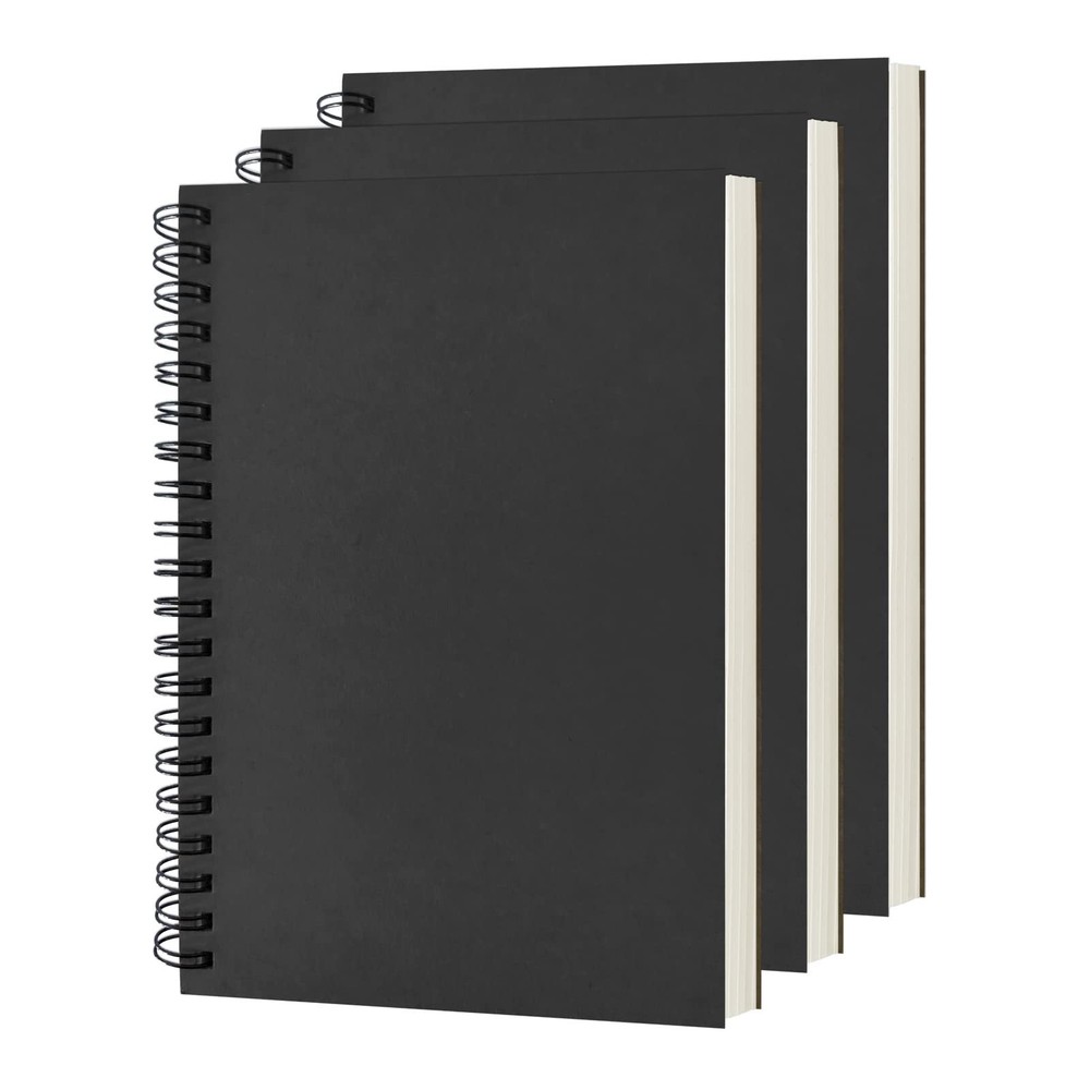 DSTELIN Blank Spiral Notebook, 3-Pack, Soft Cover, Sketch book, 100 black