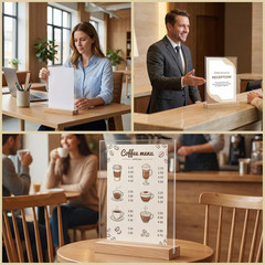 Acrylic Sign Holder 8.5×11 Inch with Solid Wood Base – Thick & Stable Clear Menu