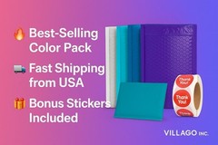 100 4×8 Color Bubble Mailers White Blue Teal Purple + 100 Thank You Stickers