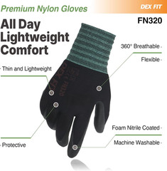 Nylon Work Gloves FN320, 3D Comfort Fit, Power Grip, Lightweight & Breathable, T
