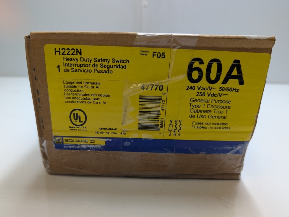 SQUARE D H222N HEAVY DUTY SAFETY SWITCH SERIES F05 NEMA 1 INDOOR 60A 240V
