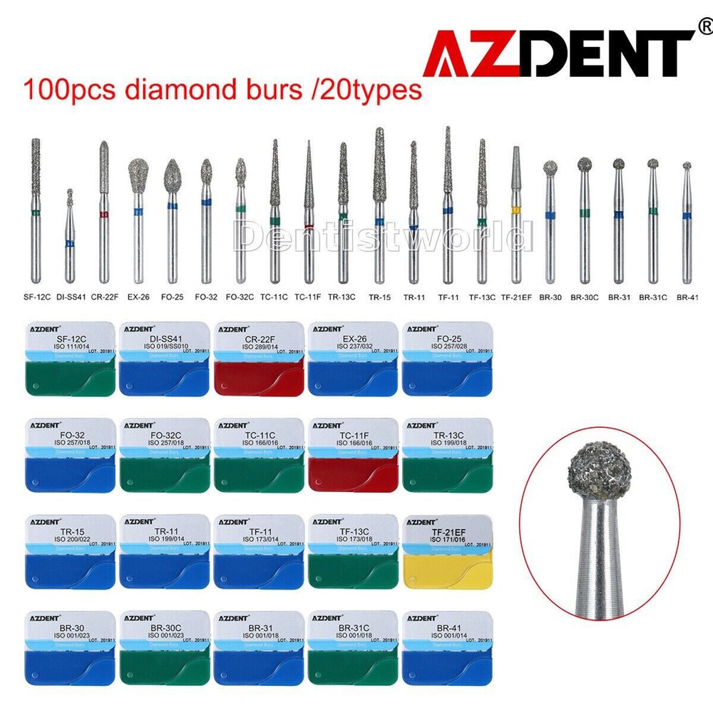 100pcs 20Types Dental High Speed Handpiece Diamond Burs Drills Medium FG 1.6mm