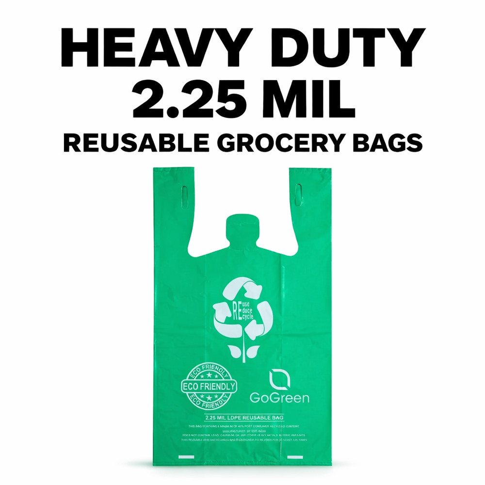 Heavy Duty Green Grocery Bags 2.25 Mil Reusable T-Shirt Bags 1/6 Size